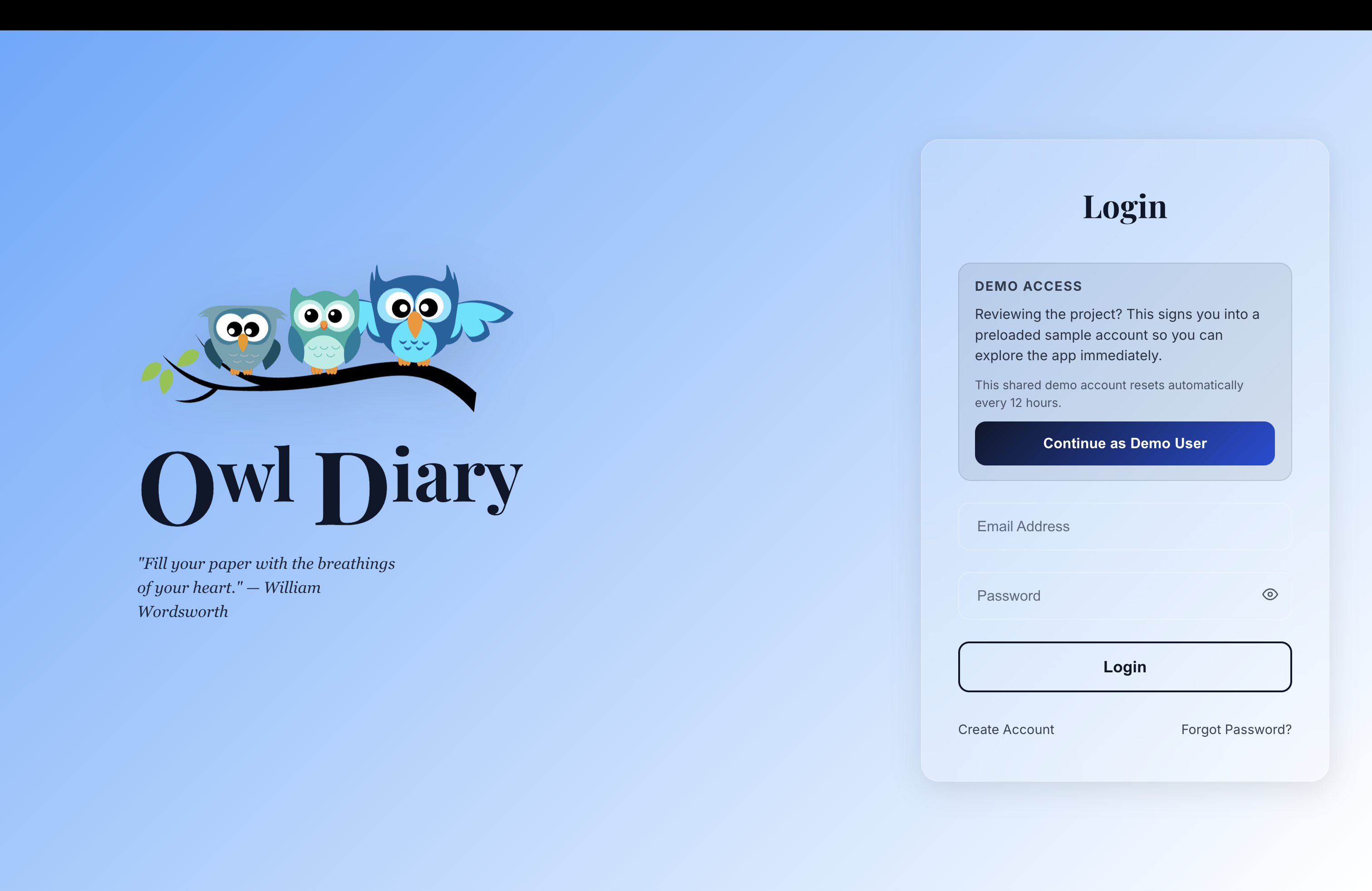 OwlDiary login page screenshot