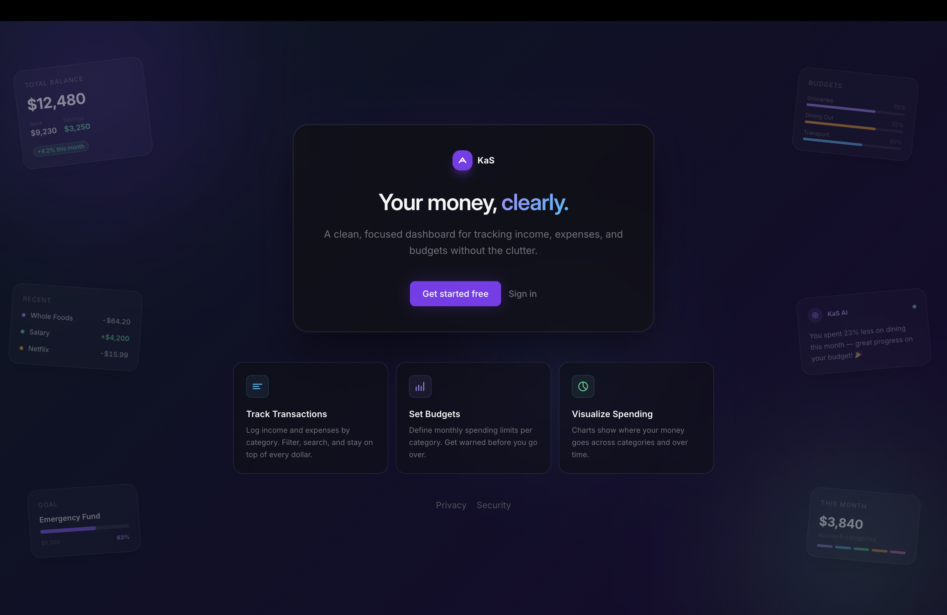 KaS personal finance app landing page screenshot